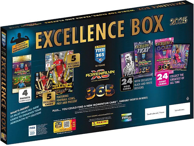 Panini Adrenalyn XL: FIFA 365 2025 - Excellence Box - 4 Boosters, 53 Eksklusive Kort + 5 XXL Excellence-kort!