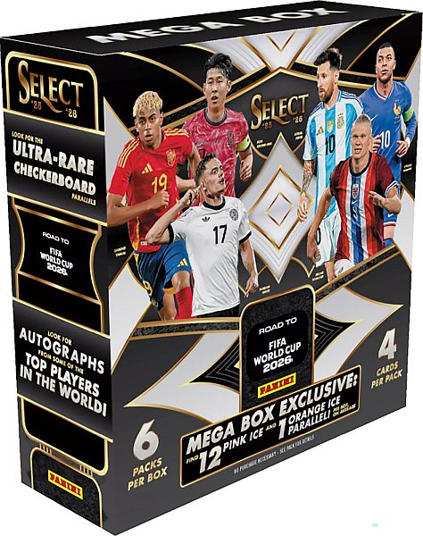 Panini Soccer Select 2025-26 - Road to FIFA World Cup - Mega Box (Booster Display) - 1 Box med 6 Pakker
